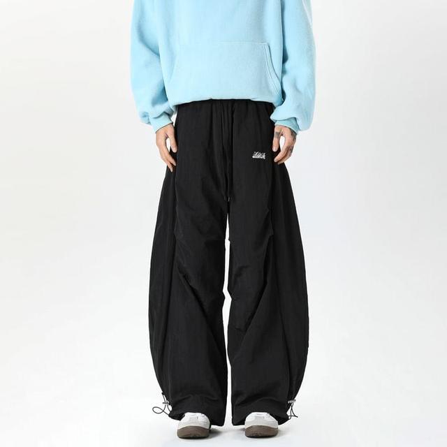 Drawstring Waist Plain Ruched Wide Leg Cargo Pants Product Image