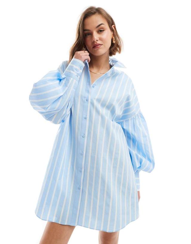 ASOS DESIGN boyfriend shirt mini dress with blouson sleeve in light blue & white stripe Product Image