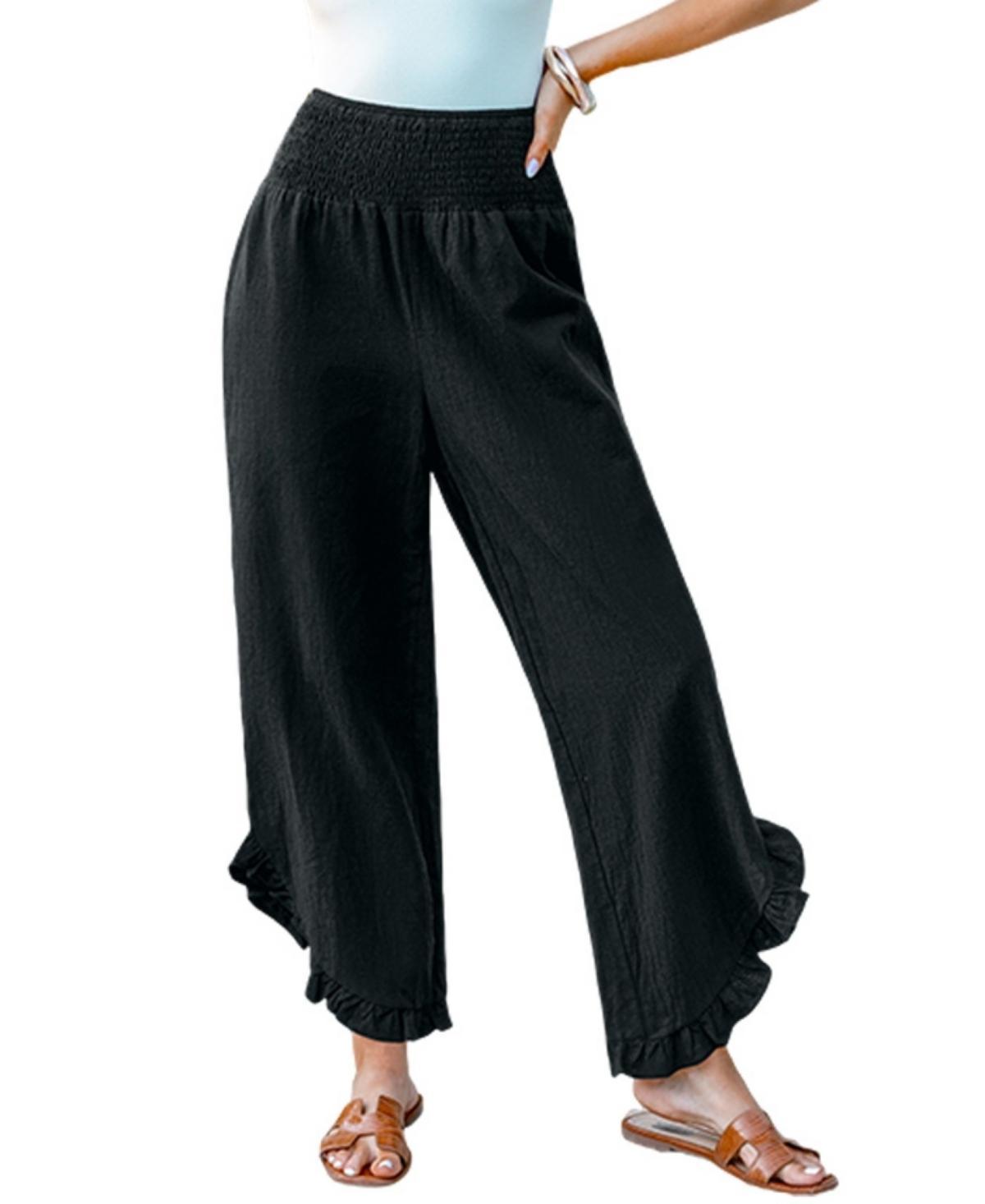 Cupshe Womens Black Smocked Waist Straight Leg Ruffle Pants Product Image