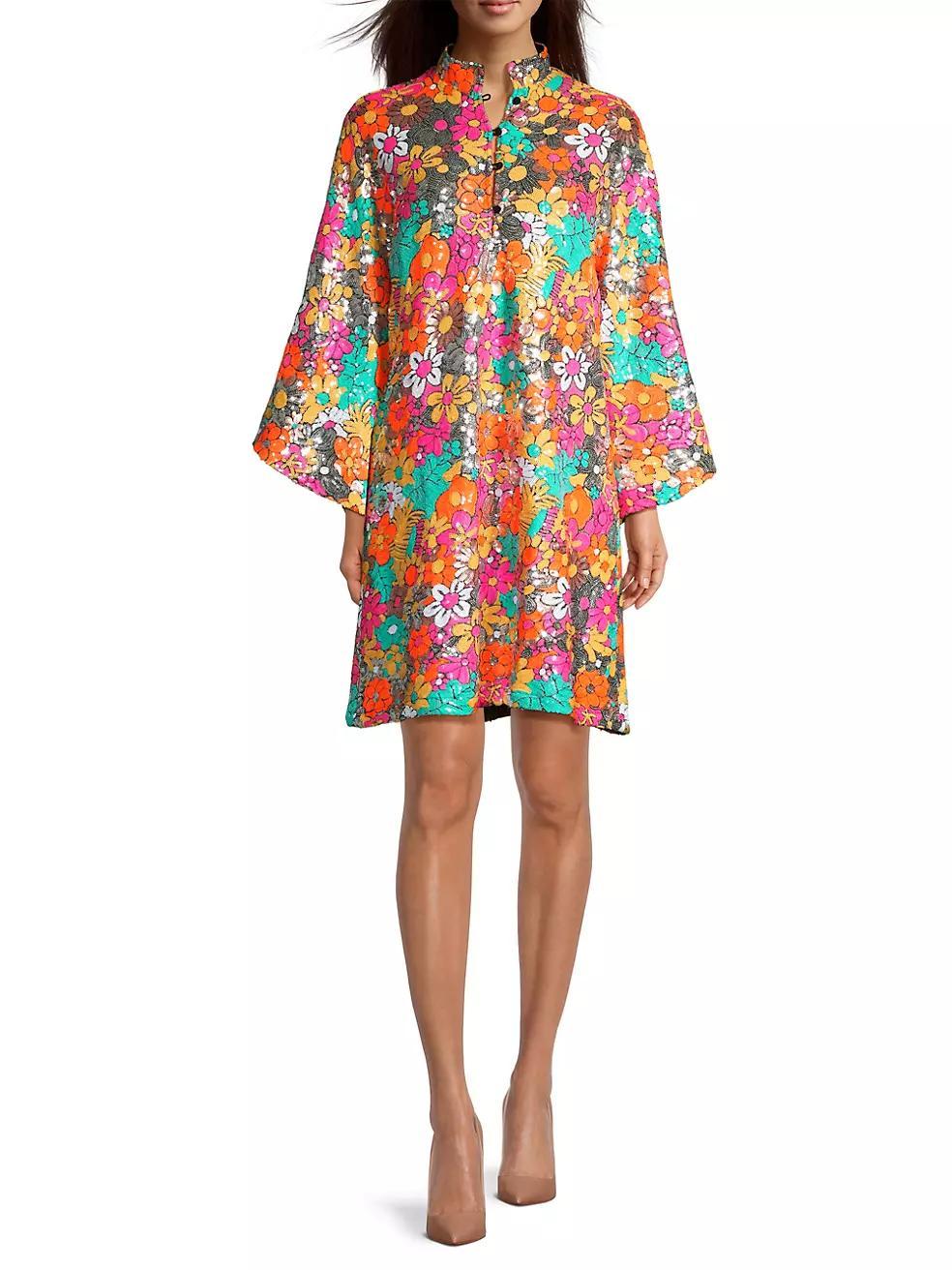 Sequined Floral Mini Caftan Product Image