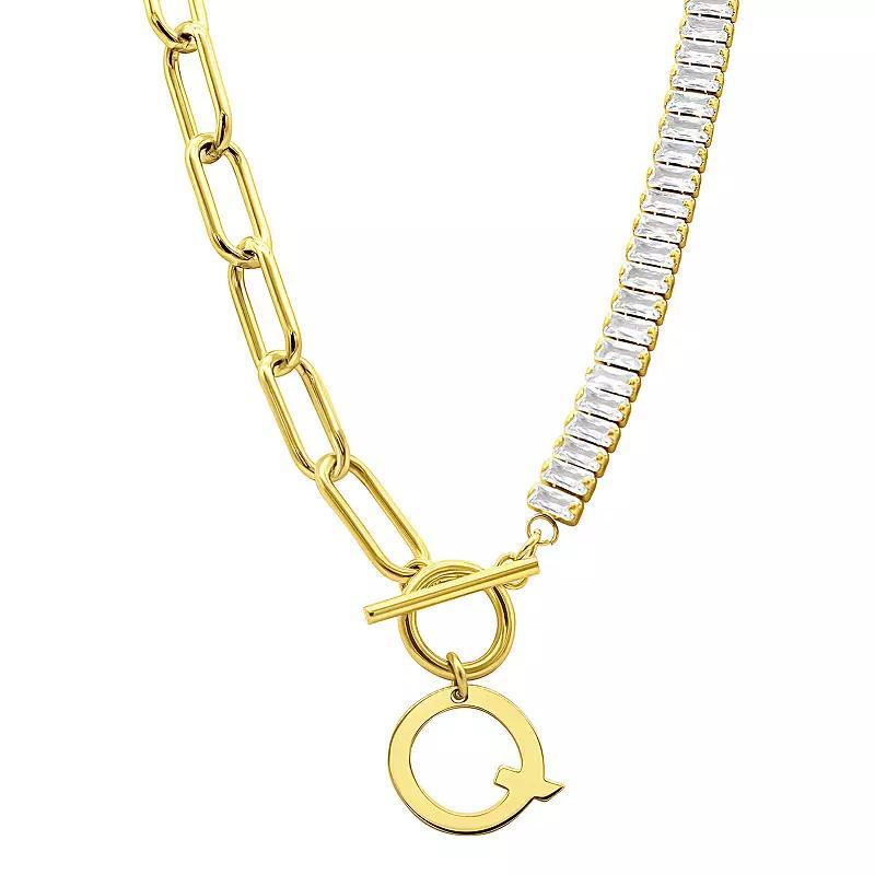 Adornia Gold Tone Half Crystal & Half Paperclip Initial Toggle Necklace, Womens Product Image