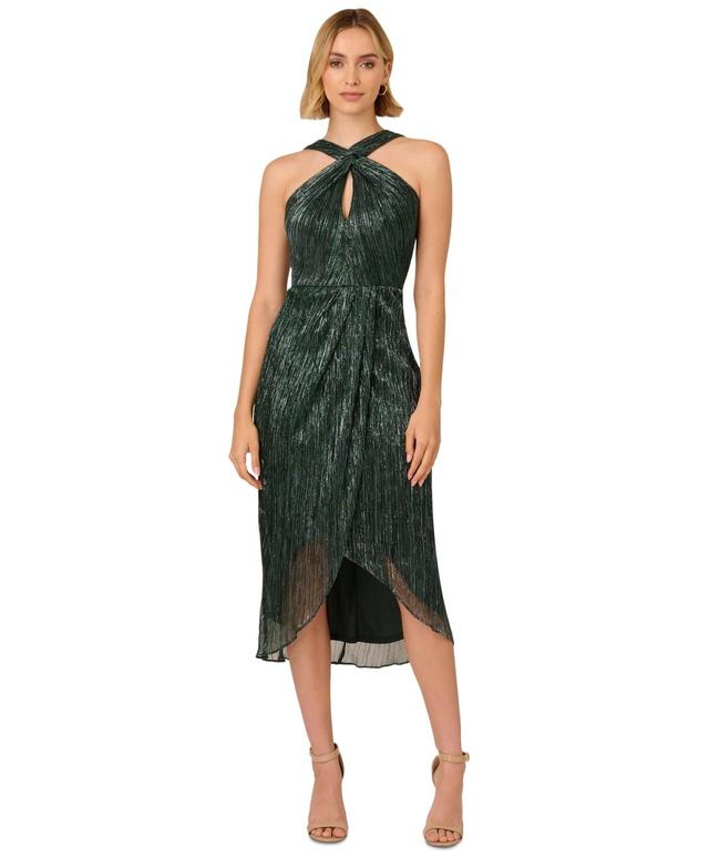 Adrianna Papell Womens Crinkle Metallic Halter Midi Dress Product Image