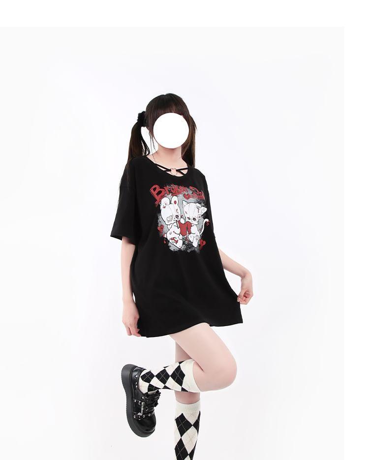 Elbow-Sleeve Round Neck Cartoon Print Oversized Tee Product Image