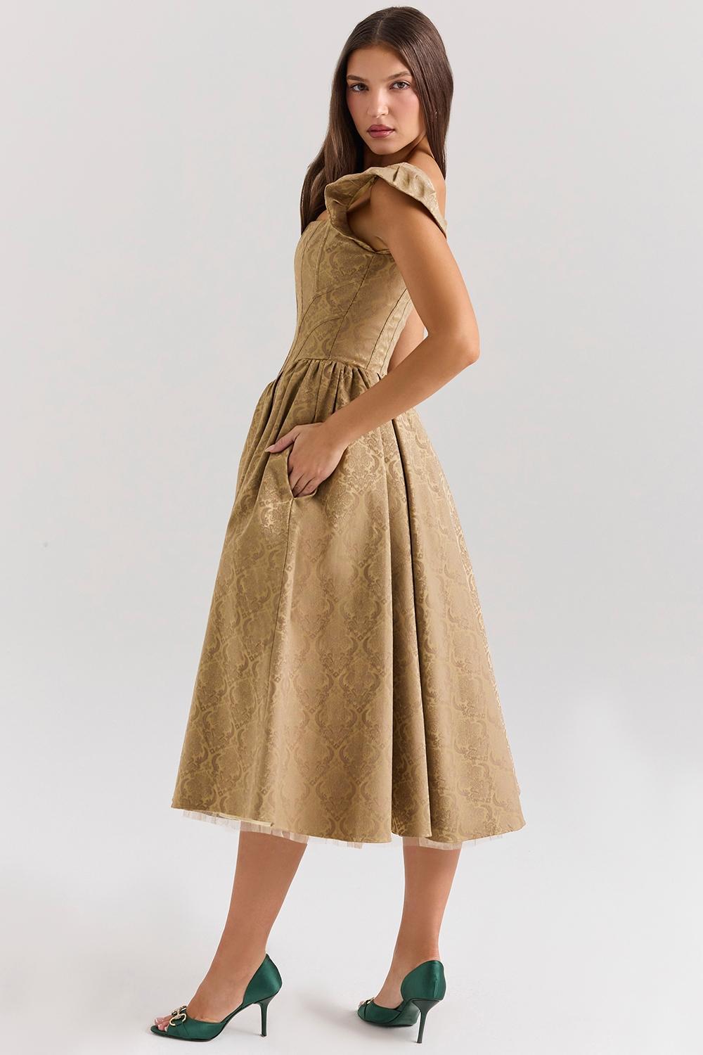 Alessandra Gold Jacquard Midi Dress with Detachable Bow Product Image