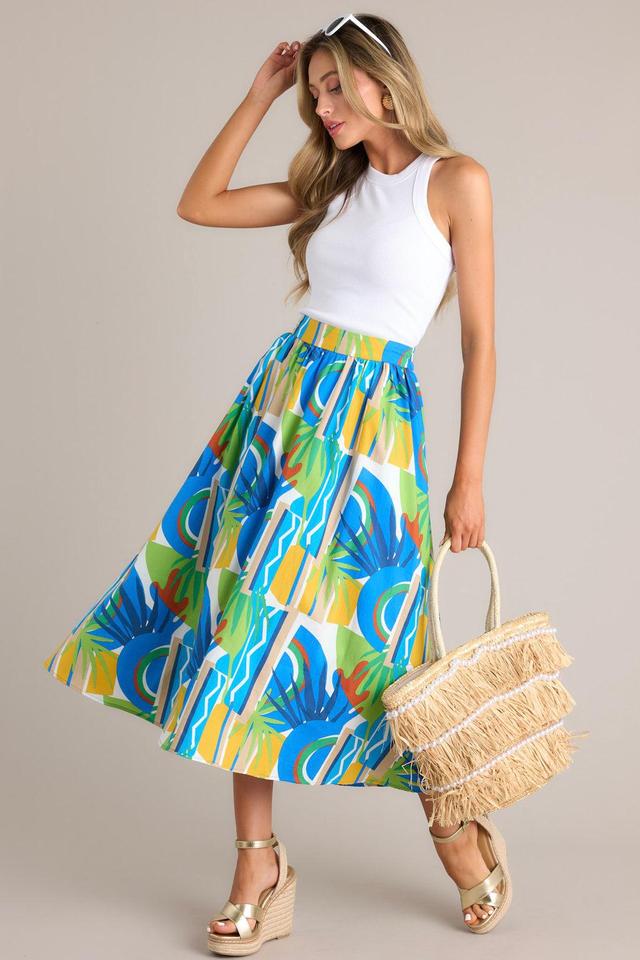 Abstract Drift Blue Multi Tropical Print 100% Cotton Midi Skirt Product Image