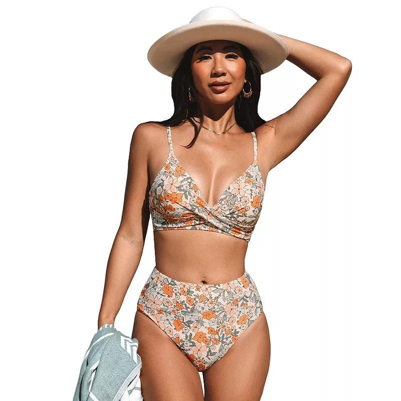 Womens CUPSHE Floral Twist Bralette & Spliced High Waist Bikini Set Product Image