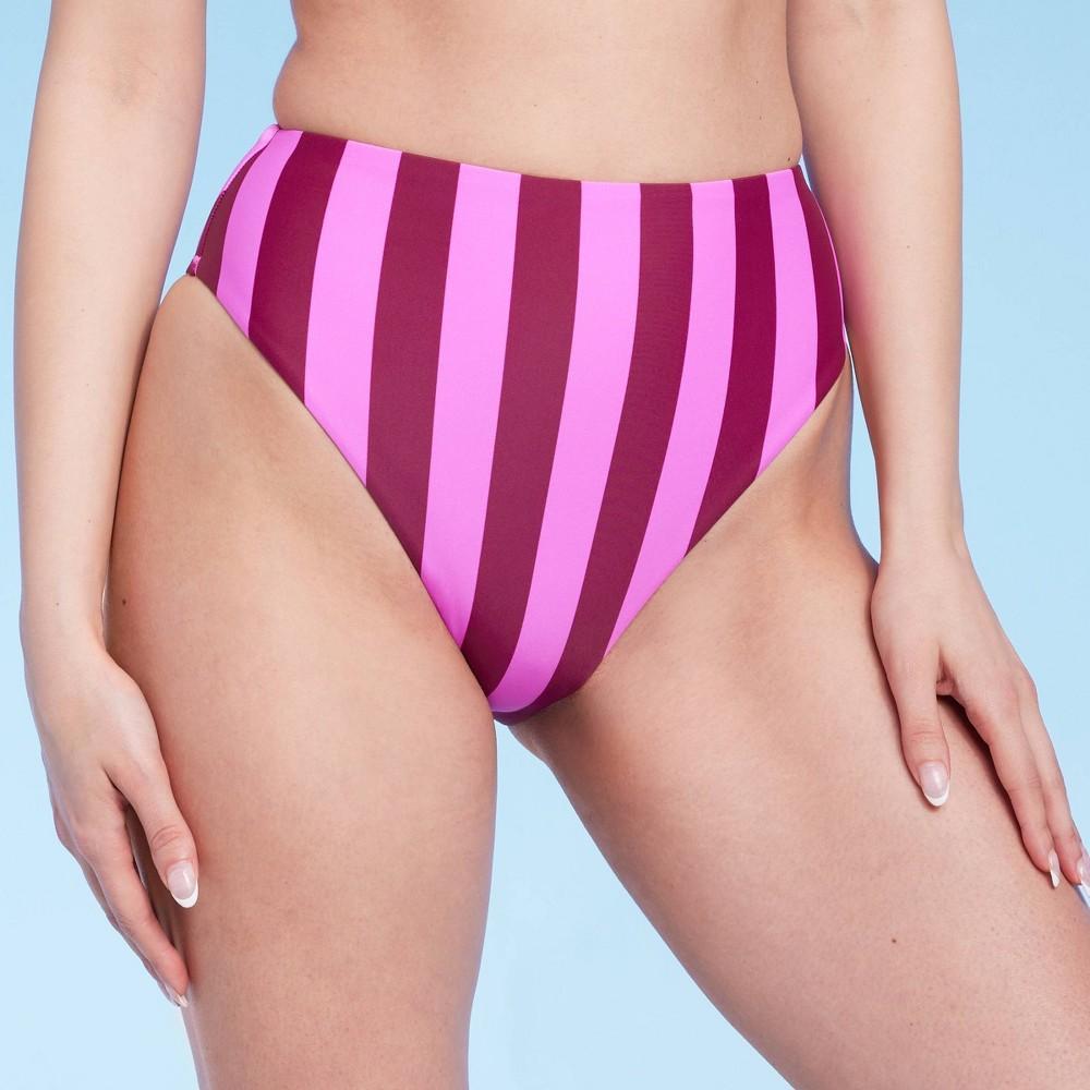 Womens High Waist High Leg Cheeky Bikini Bottom - Shade & Shore Pink Striped Product Image