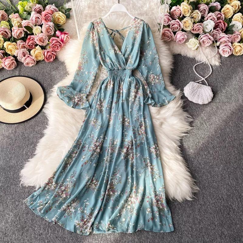 Flared-Sleeve V-Neck Floral Maxi A-Line Dress Product Image