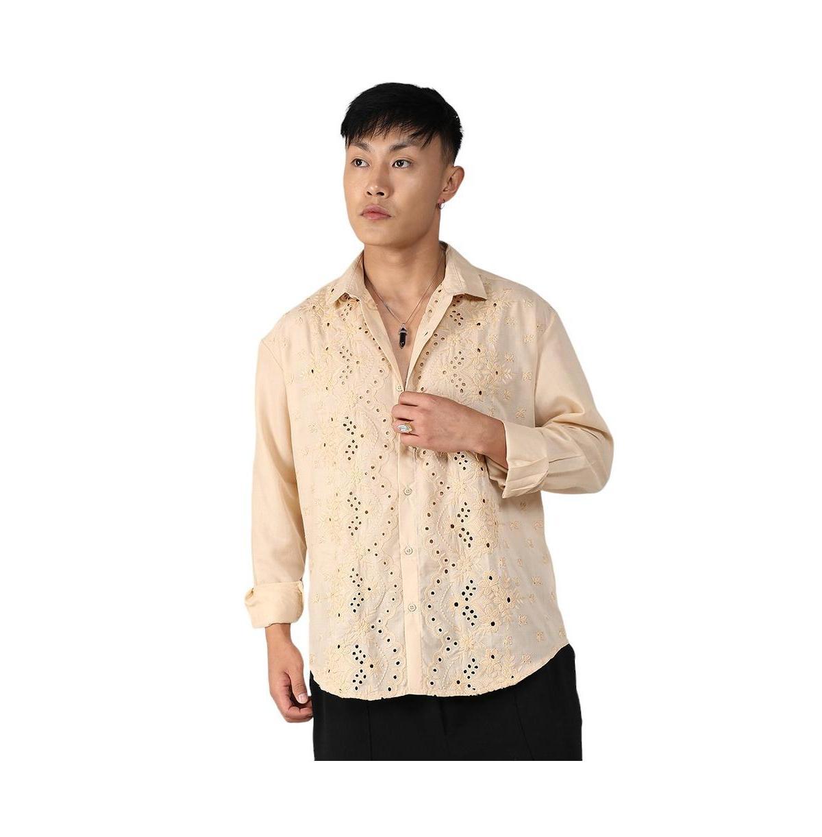 Campus Sutra Mens Beige Embroidered Flora Shirt - Beige Product Image