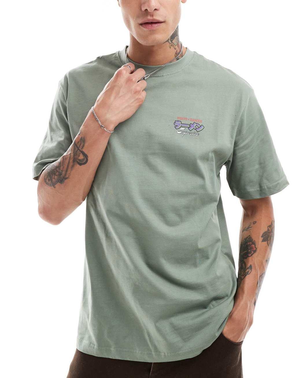 ONLY & SONS relaxed T-shirt with noodles back print in khaki Product Image