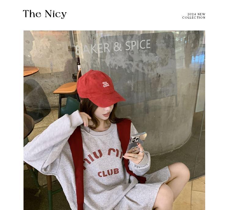 Round Neck Lettering Print Sweatshirt / High Waist Plain Pleated Mini A-Line Skirt / Plain Shawl Product Image