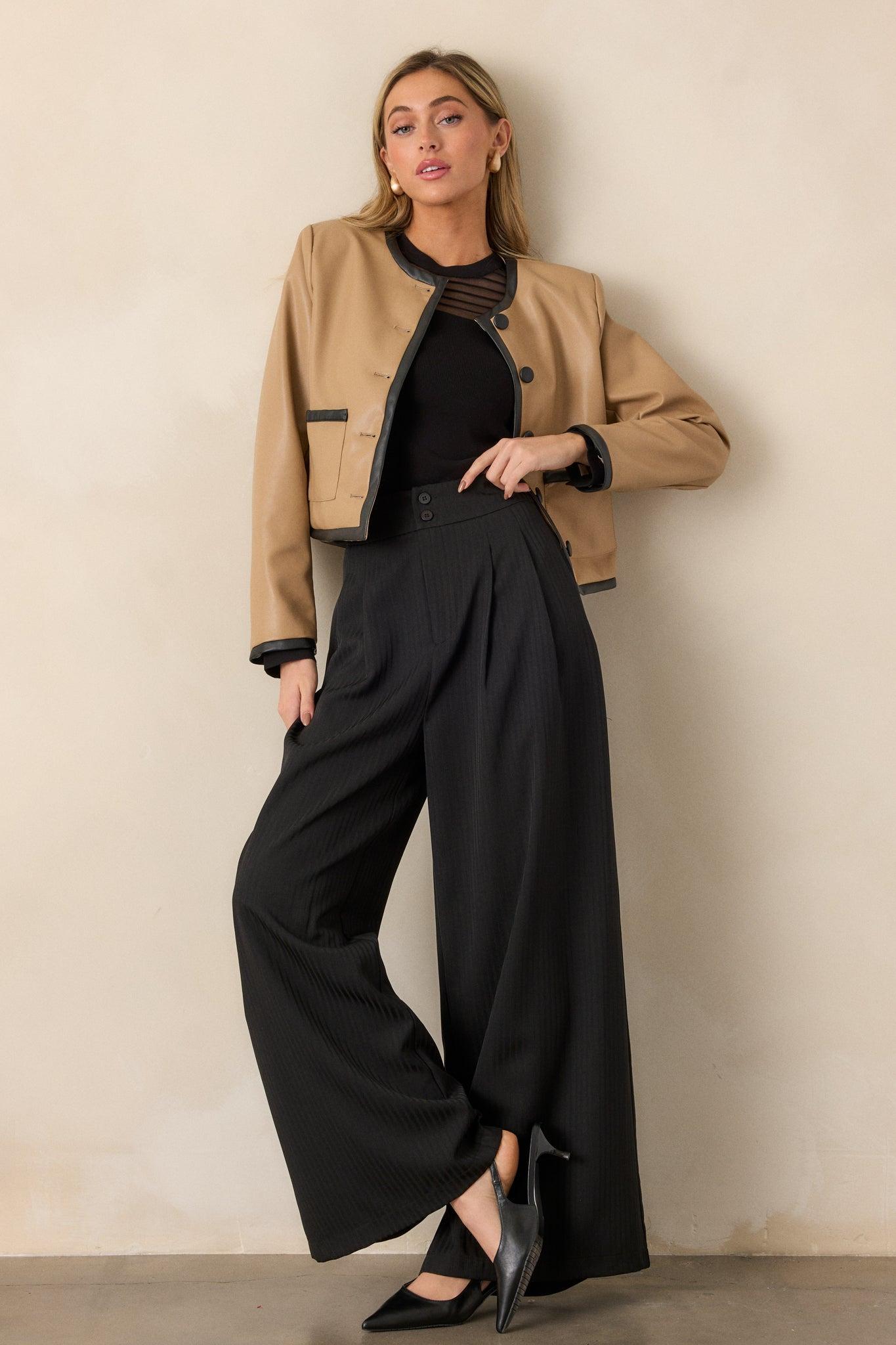 I'm Working Late Black Pinstripe Wide Leg Trousers Product Image