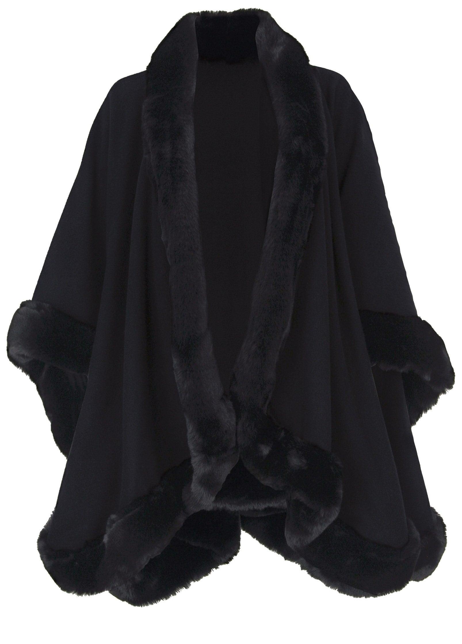 Fur Trim Wrap Shawl - Black Product Image