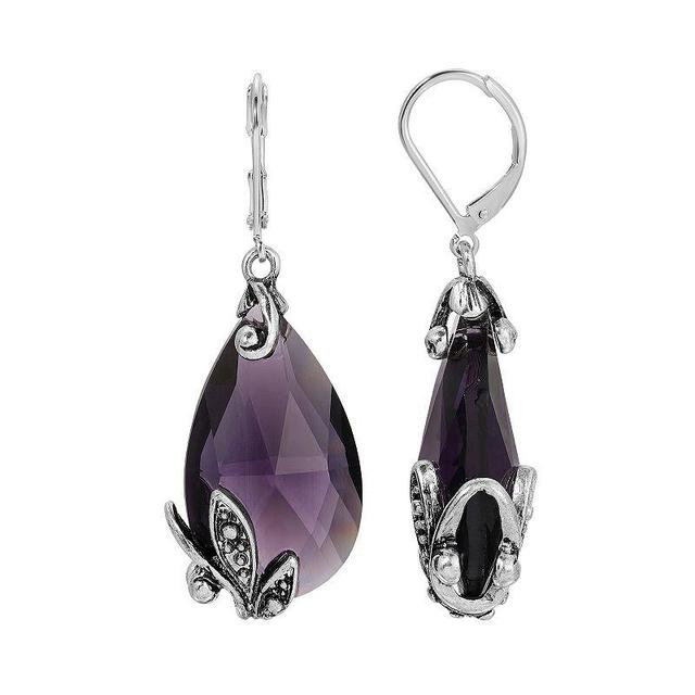 1928 Silver Tone Glass Crystal Teardrop Leverback Earrings, Womens, Purple Product Image