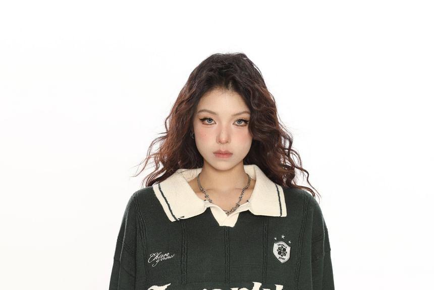 Drop Shoulder Polo Collar Lettering Oversized Sweater Product Image