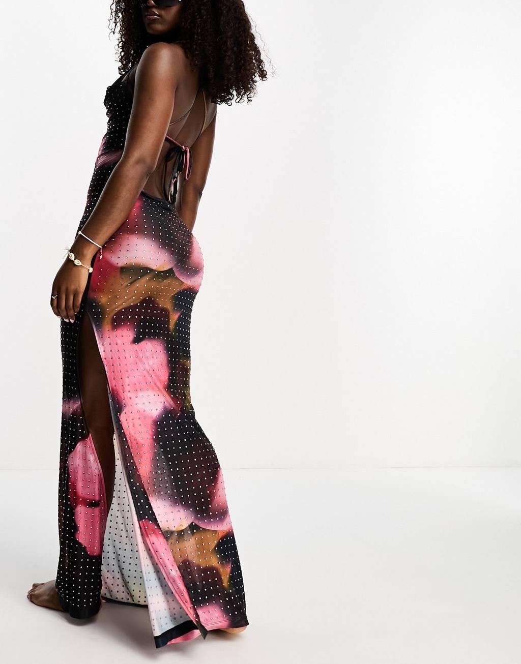 Miss Selfridge beach blurred tie dye mesh embellished maxi dress  Product Image