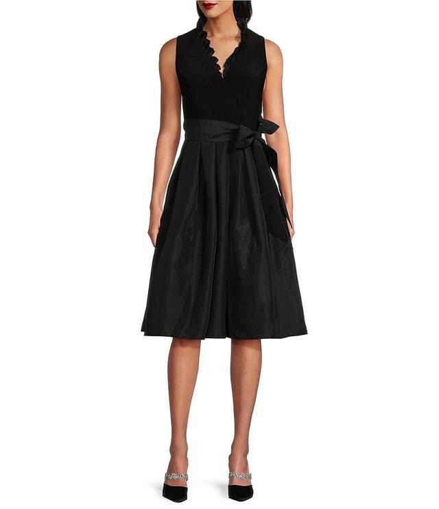 Jessica Howard Ruffle V-Neck Sleeveless Tie Waist Pleated Fit and Flare Dress Product Image