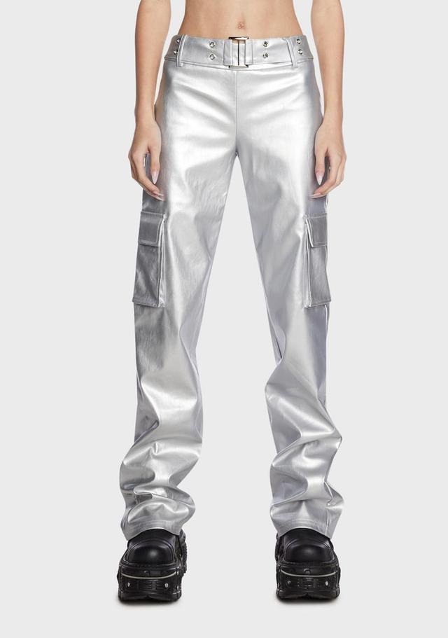 Metallic Belted Cargo Pants - Silver Product Image