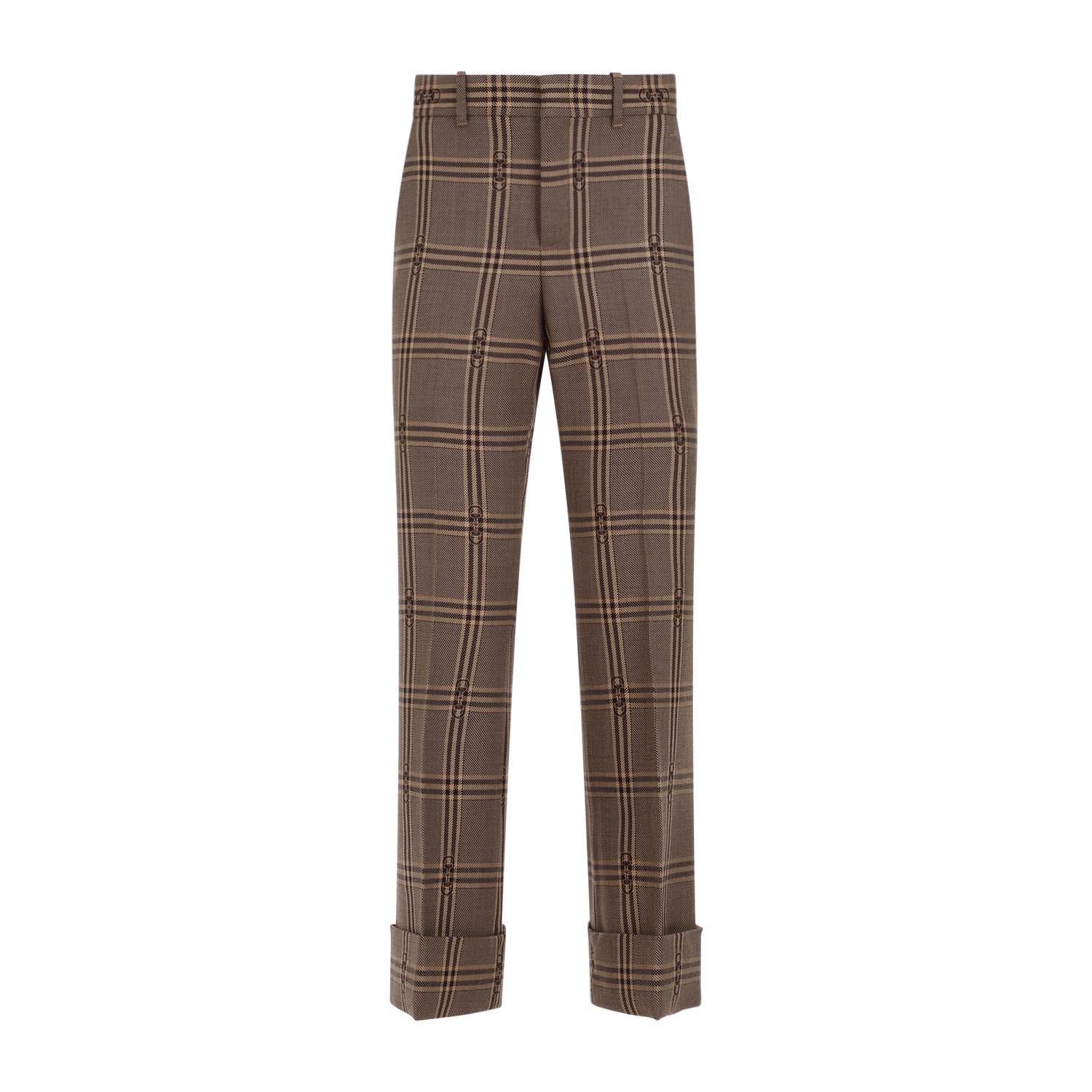 Horsebit Check Wool Trousers In Brown Product Image