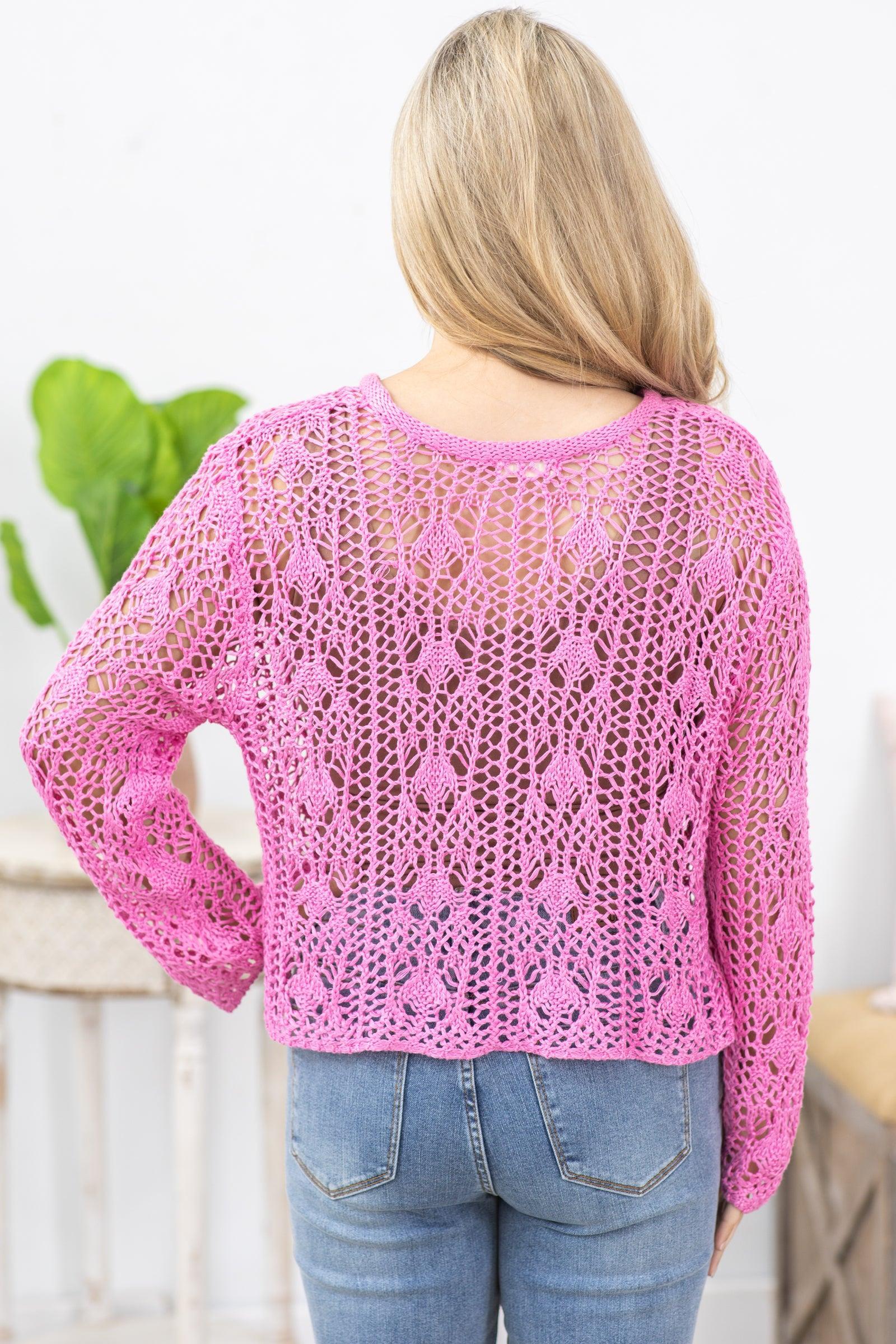 Pink Soft Loose Crochet Boho Knit Top Product Image