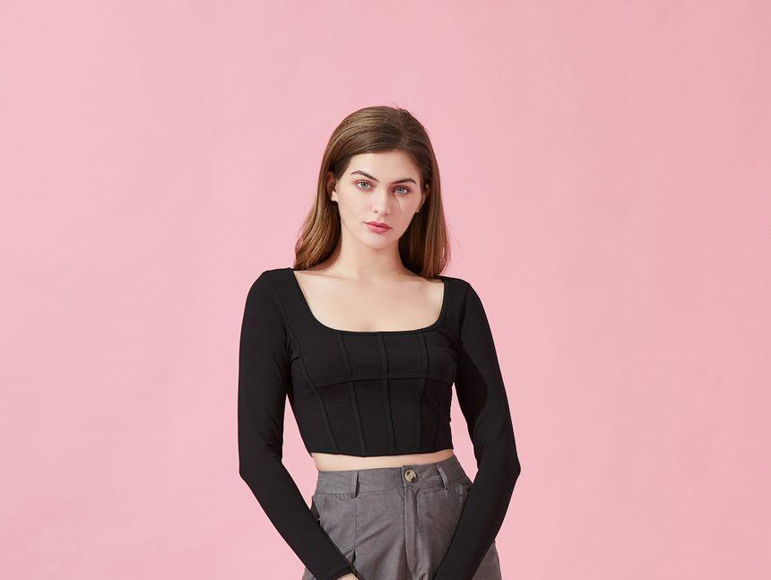 Eco-Friendly Long-Sleeve Square-Neck Crop Top Product Image