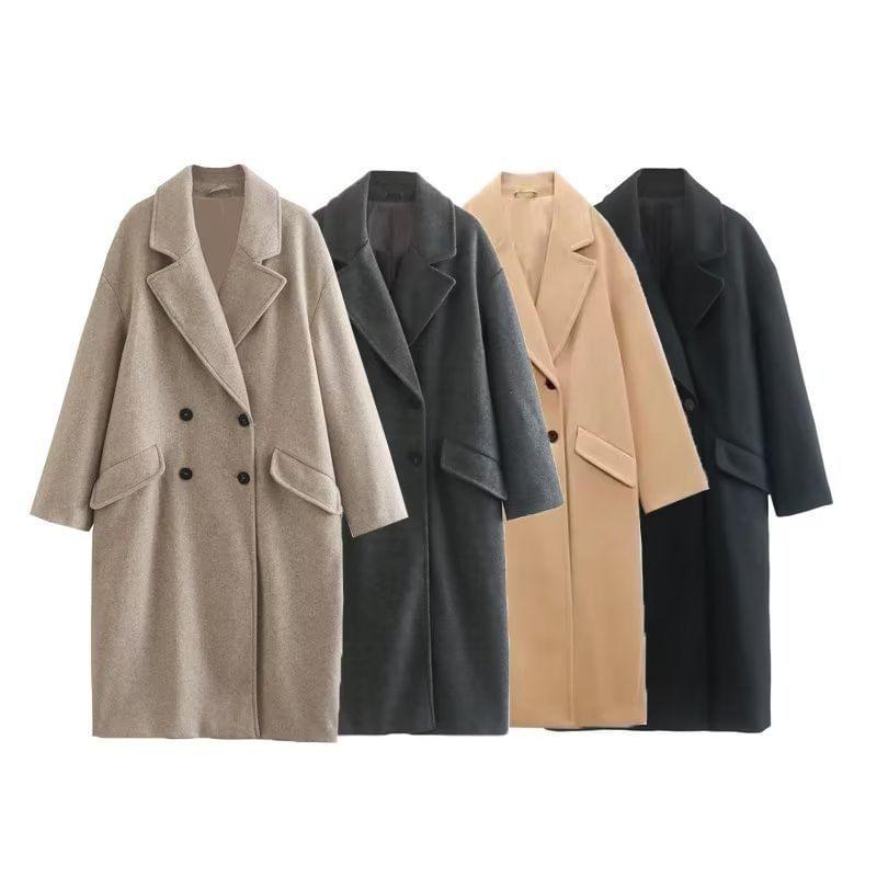 Lapel Collar Drop Shoulder Plain Double Breasted Long Coat product image