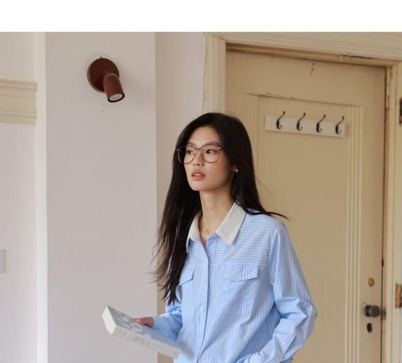 Long-Sleeve Contrast Collar Striped Button-Up Shirt Product Image