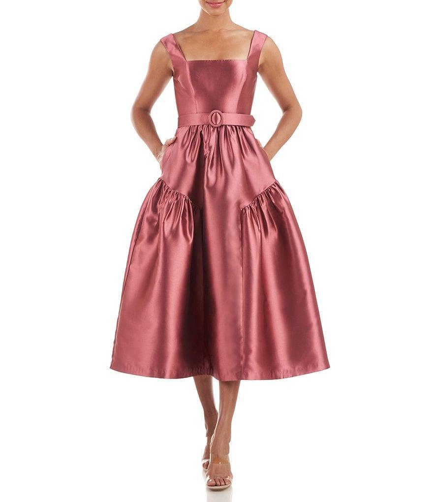 Kay Unger Lydia Twill Square Neck Sleeveless Belted Pocket Flutter Hem Midi Dress Product Image