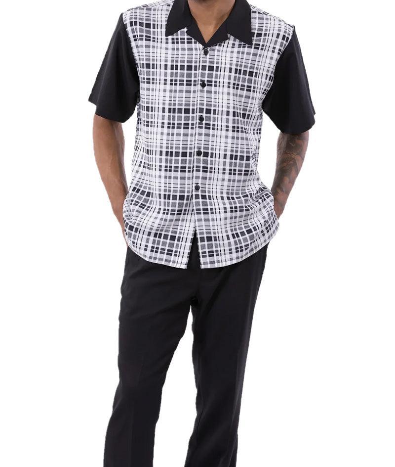 (3XL/46) Black Plaid Walking Suit 2 Piece Short Sleeve Set Product Image