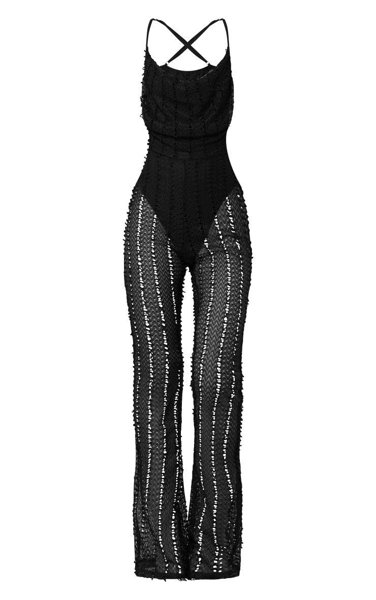 Black Textured Cowl Strappy Flare Leg Jumpsuit Product Image