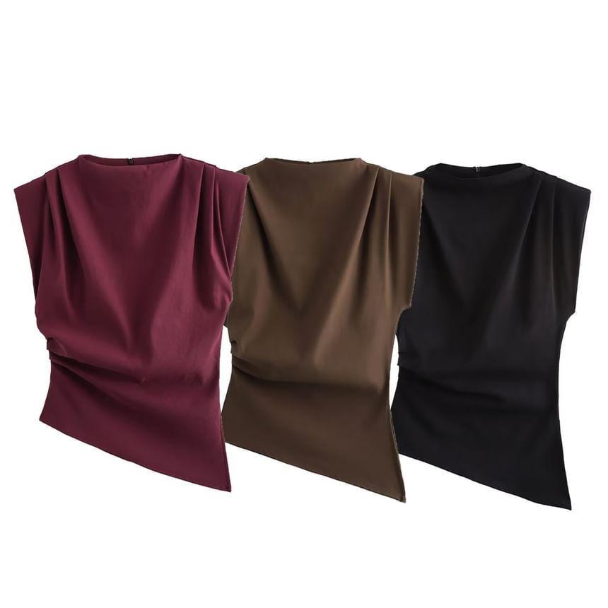 Sleeveless Mock Neck Plain Asymmetrical Ruched Top Product Image