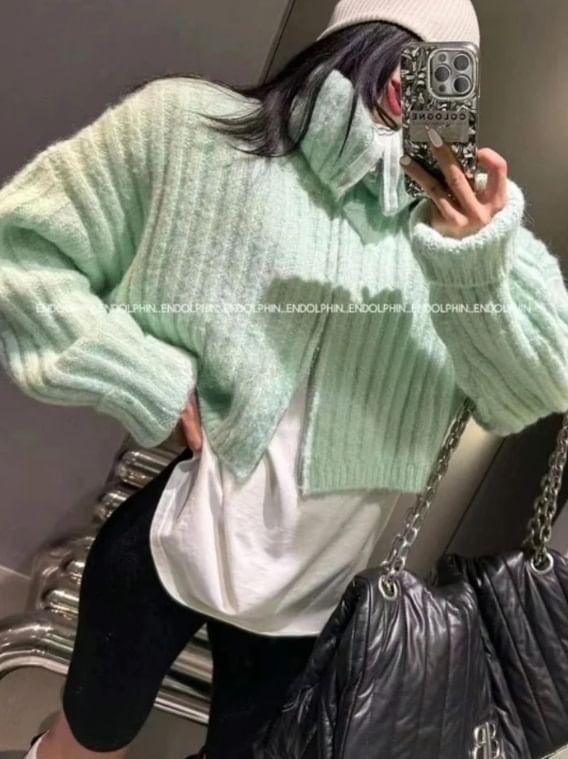 Long Sleeve Mock Neck Plain Ribbed-Knit Zip-Up Cardigan Product Image