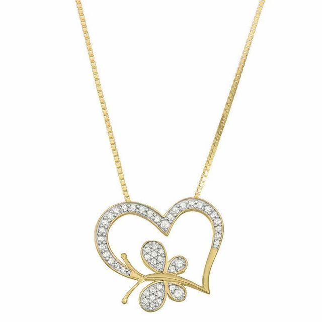 HDI Gold Plated 1/4 Carat T.W. Diamond Heart and Butterfly Pendant Necklace, Womens, Yellow Product Image