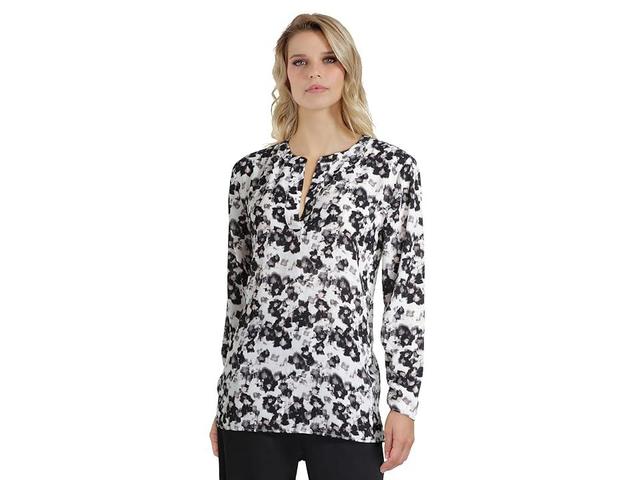 H Halston Long Sleeve Stand Collar Ruched Blouse (Twilight Floral Chalk) Women's Clothing Product Image