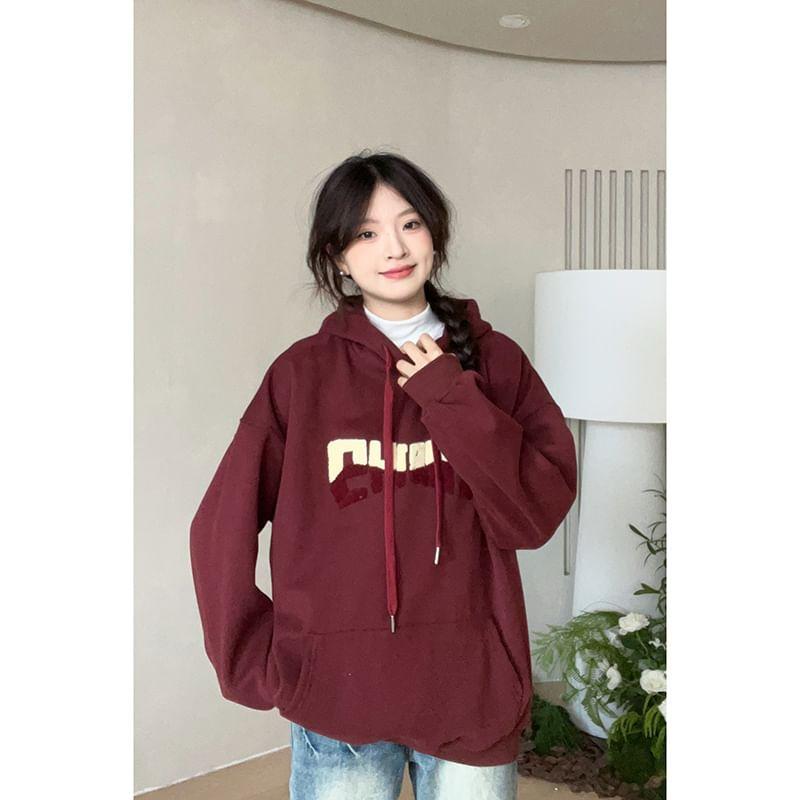 Lettering Embroidered Drawstring Hoodie Product Image