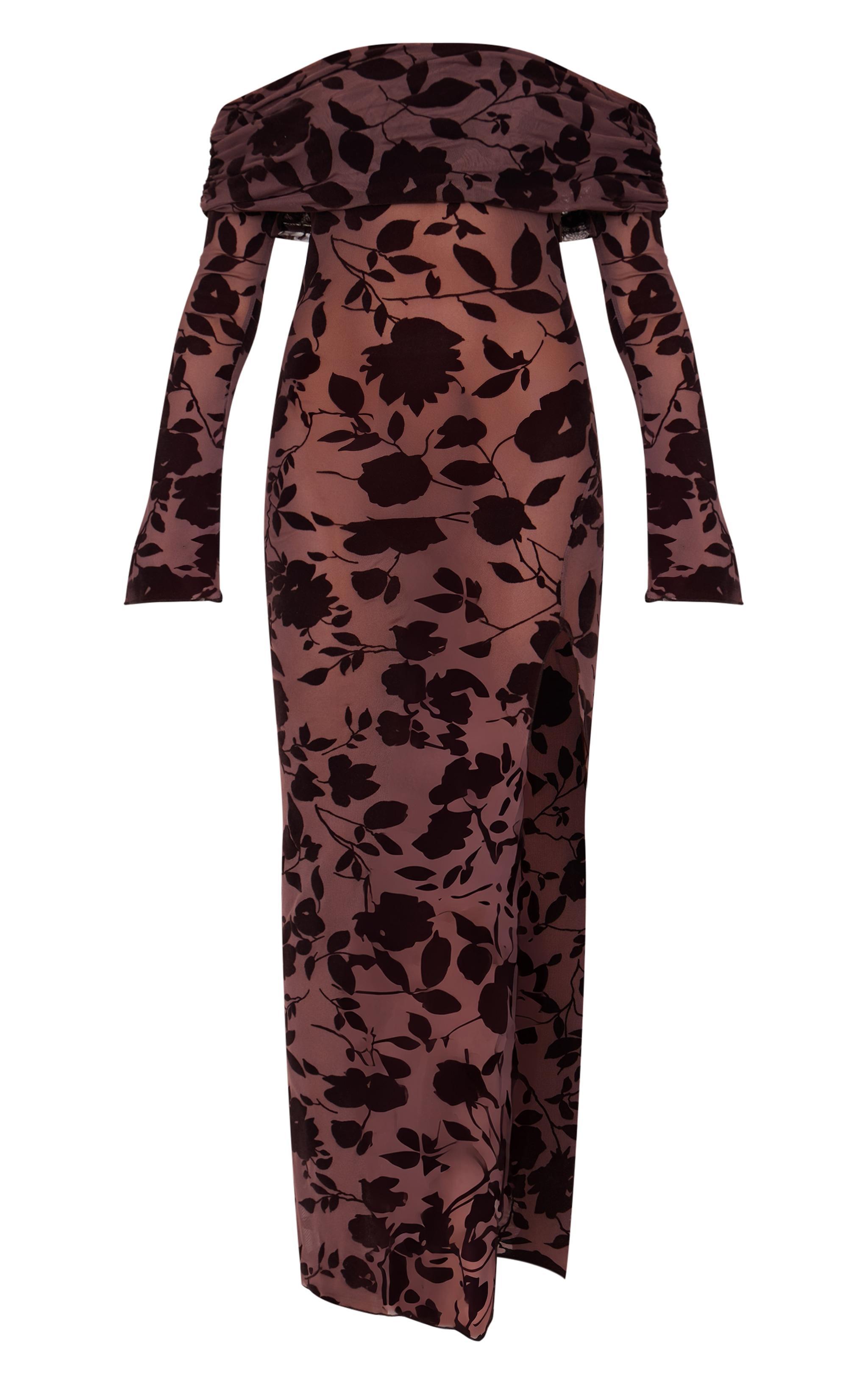 Chocolate Devore Bardot Long Sleeve Maxi Dress Product Image