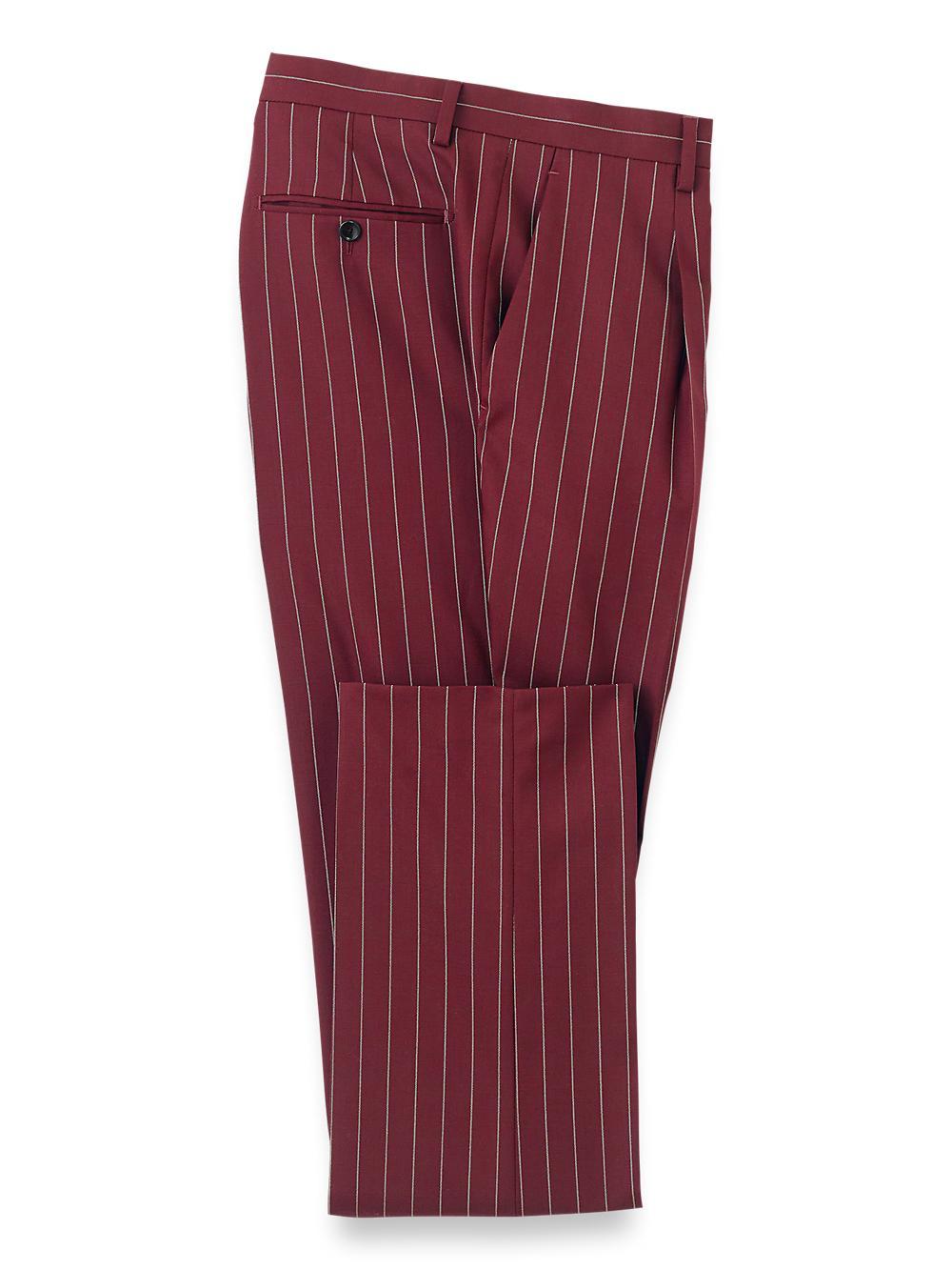 Wool Stretch Stripe Single Pleat Suit Pants - Burgundy Product Image