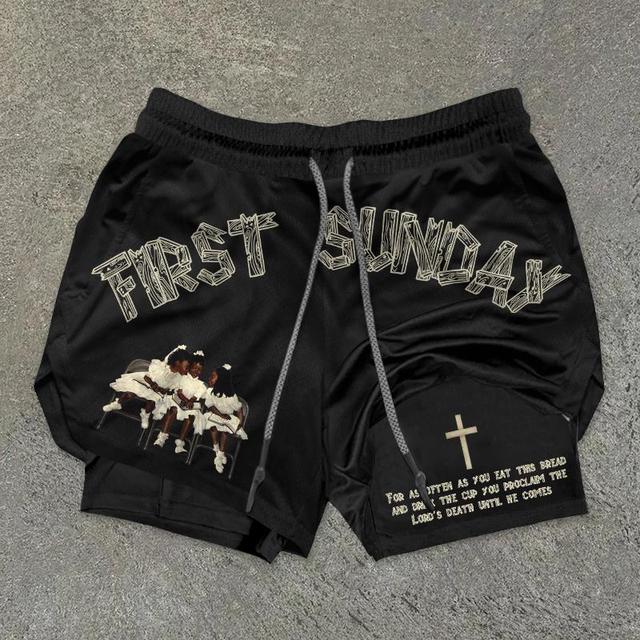 Sopula Retro First Sunday Faith Graphic Print Double Layer Quick Dry Performance Gym Shorts Product Image