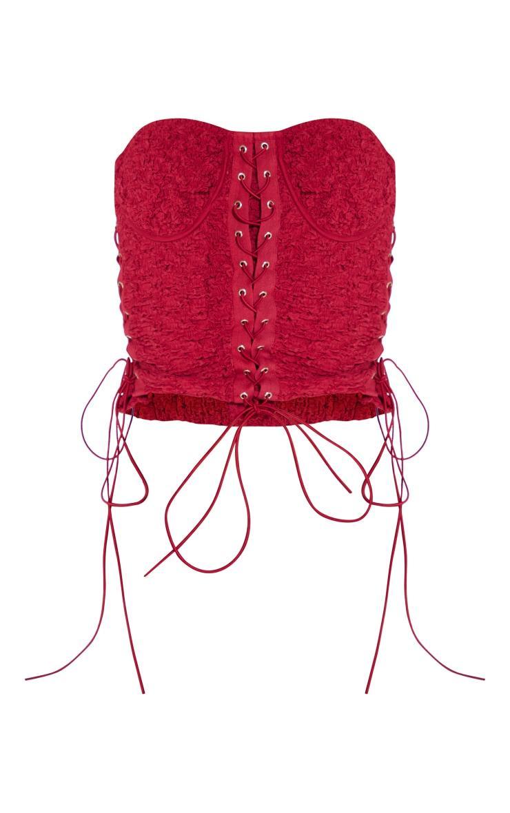 Red Textured Woven Lace Up Bandeau Crop Top Product Image