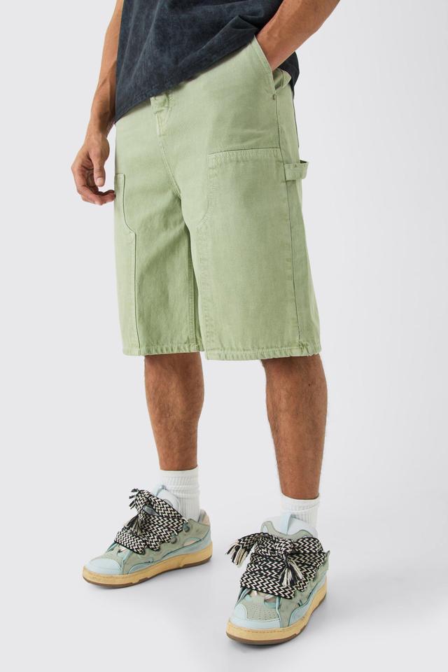 Mens Green Overdyed Carpenter Detail Denim Jorts In Sage, Green Product Image