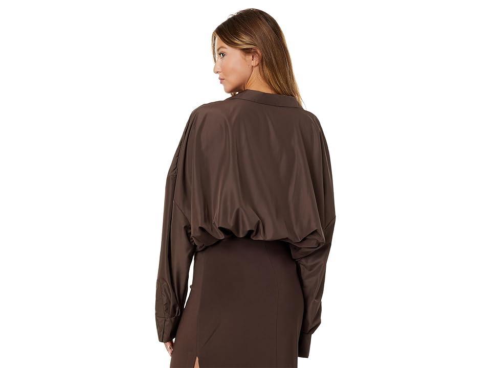 Norma Kamali Super Oversized Boyfriend Shirt Bodysuit Chocolate. (also in L, S, XS). Product Image