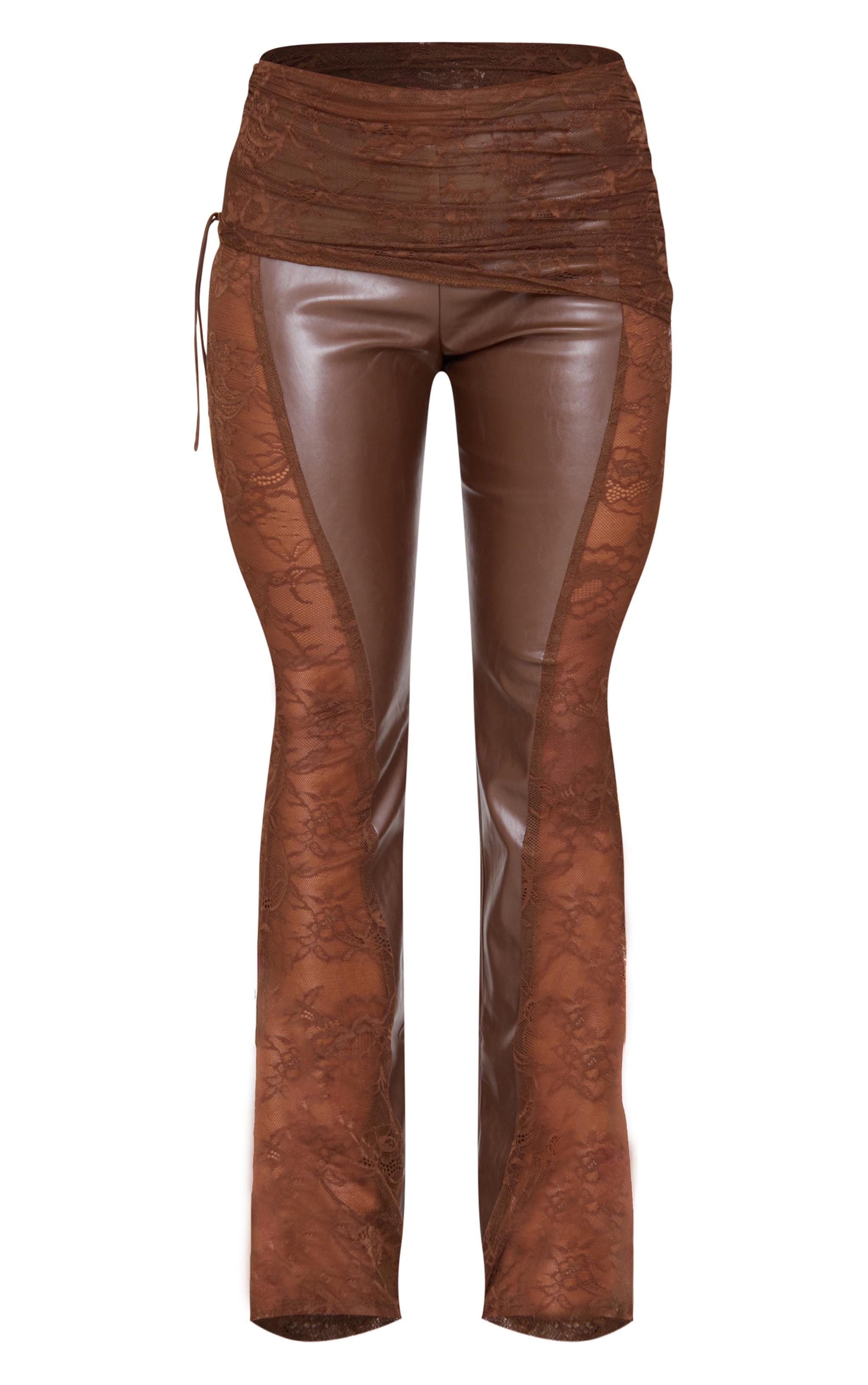 Brown Faux Leather Lace Ruched Waist Flared Pants Product Image