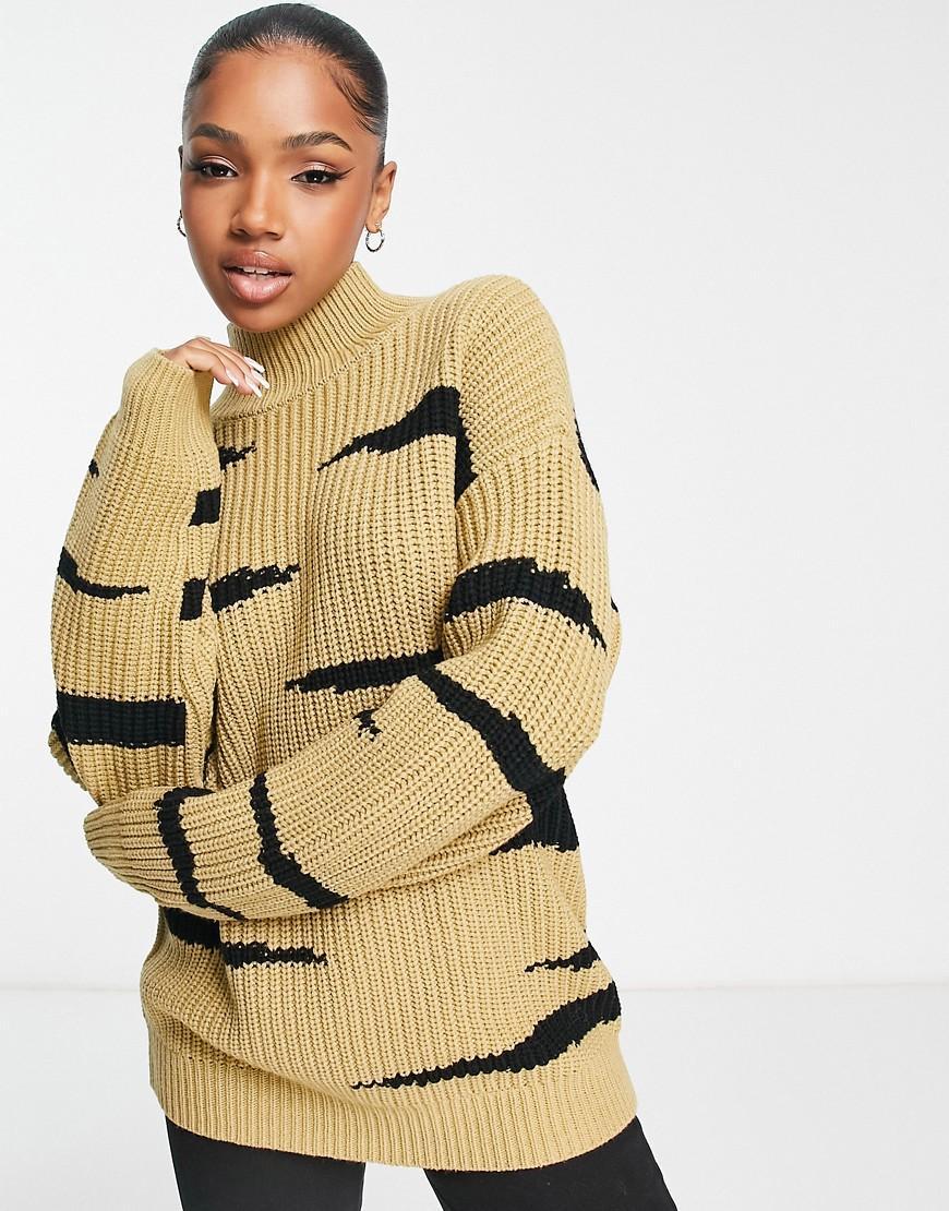 ASOS DESIGN chunky sweater with high neck in animal stripe pattern in camel Product Image