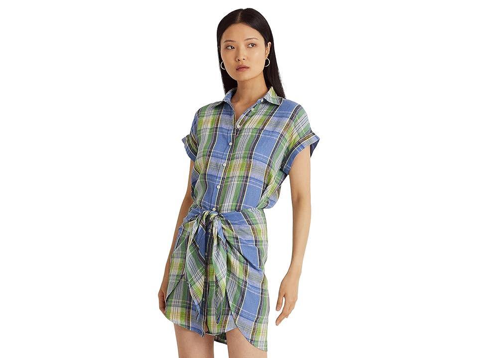 LAUREN Ralph Lauren Petite Plaid Tie Front Linen Shirtdress (Blue Multi) Women's Clothing Product Image