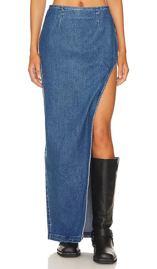 AFRM nadia denim maxi skirt in midwash blue with high rise slit - part of a set Product Image