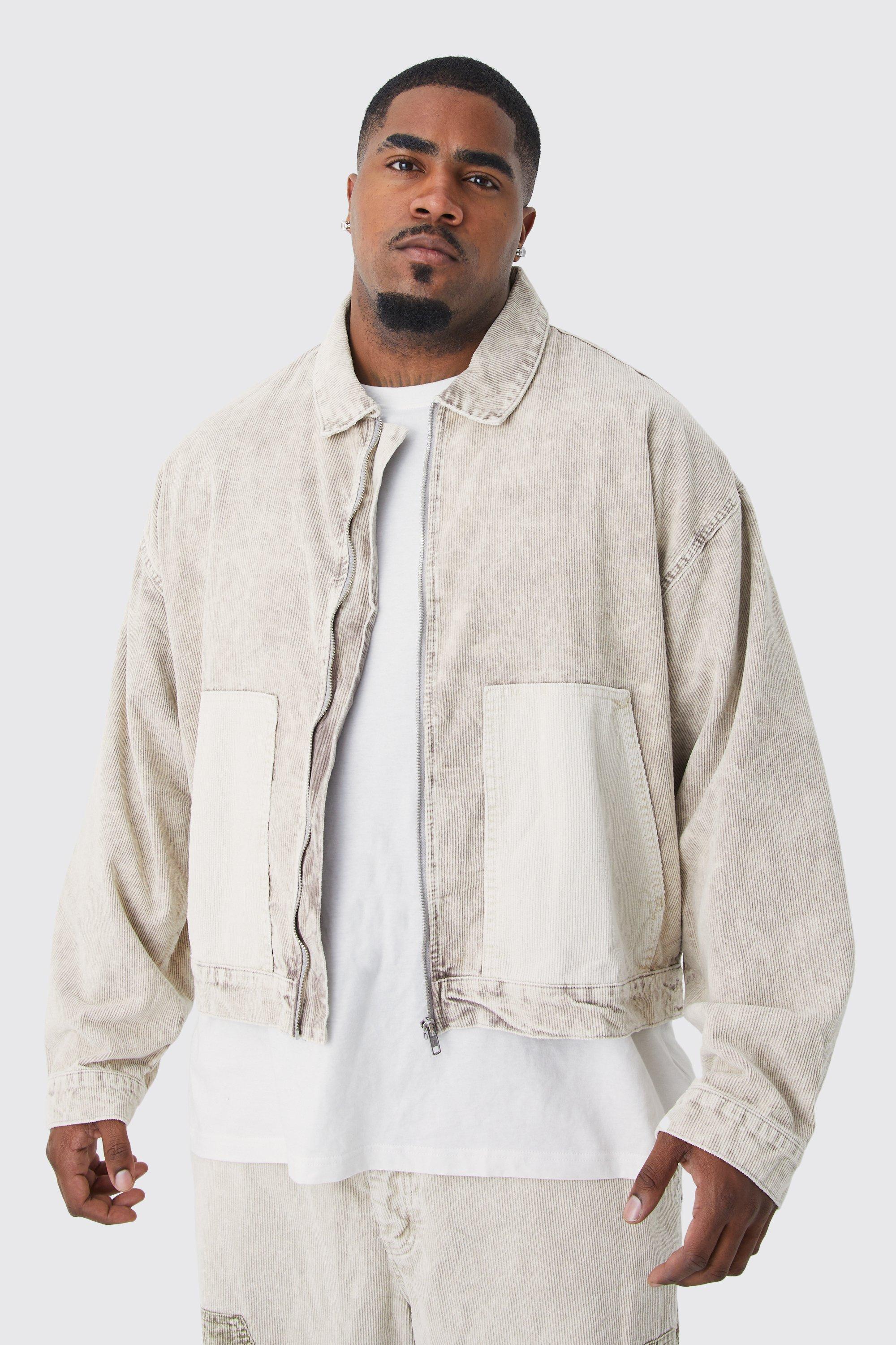 Plus Boxy Colour Block Acid Wash Cord Jacket | boohooMAN USA Product Image