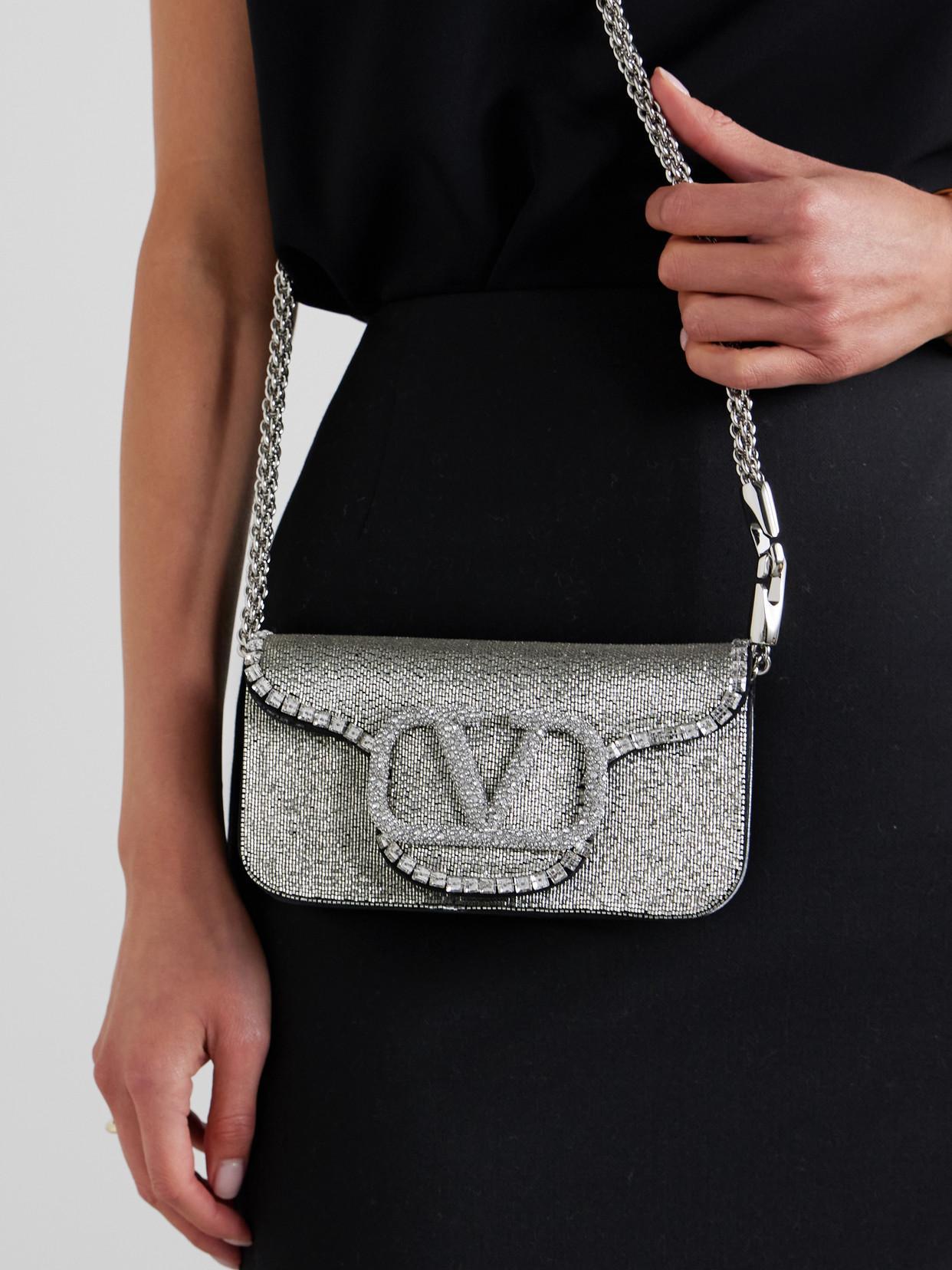 VALENTINO GARAVANI Locò Vlogo Small Embellished Leather Shoulder Bag In Crystal Product Image