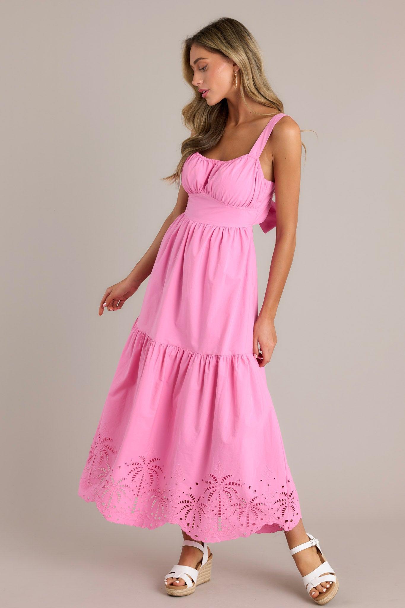 Garden Breeze 100% Cotton Pink Eyelet Midi Dress Product Image