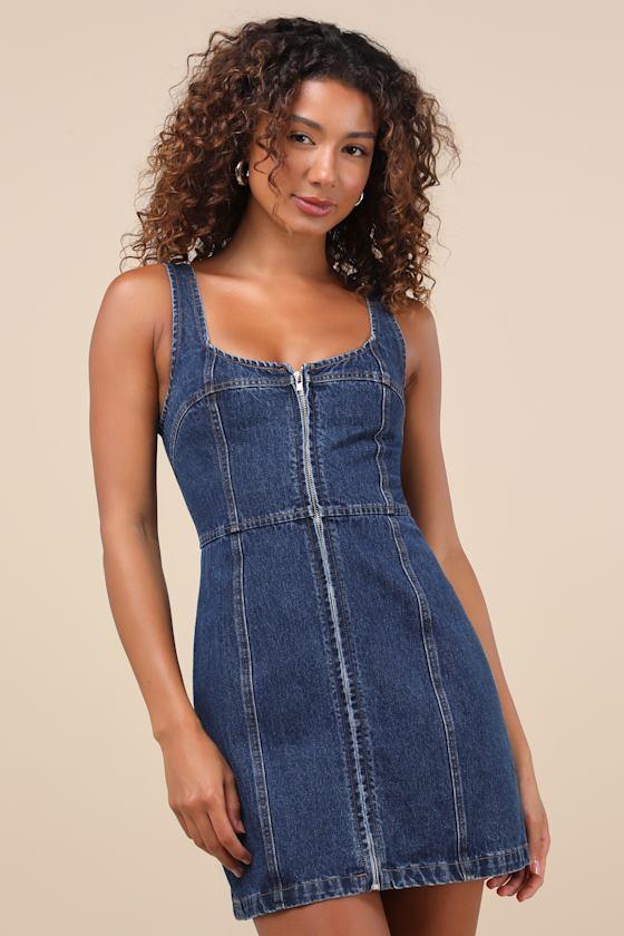 Trending Moment Dark Wash Zip-Front Denim Mini Dress product image