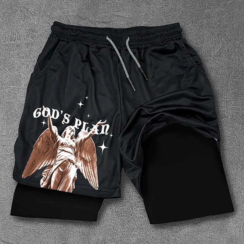 Street Vintage God's Plan Print Double Layer Drawstring Shorts Product Image